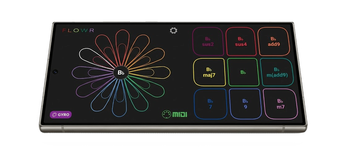 Flowr interface: petal wheel on the left, three-by-three chord pad grid on the right